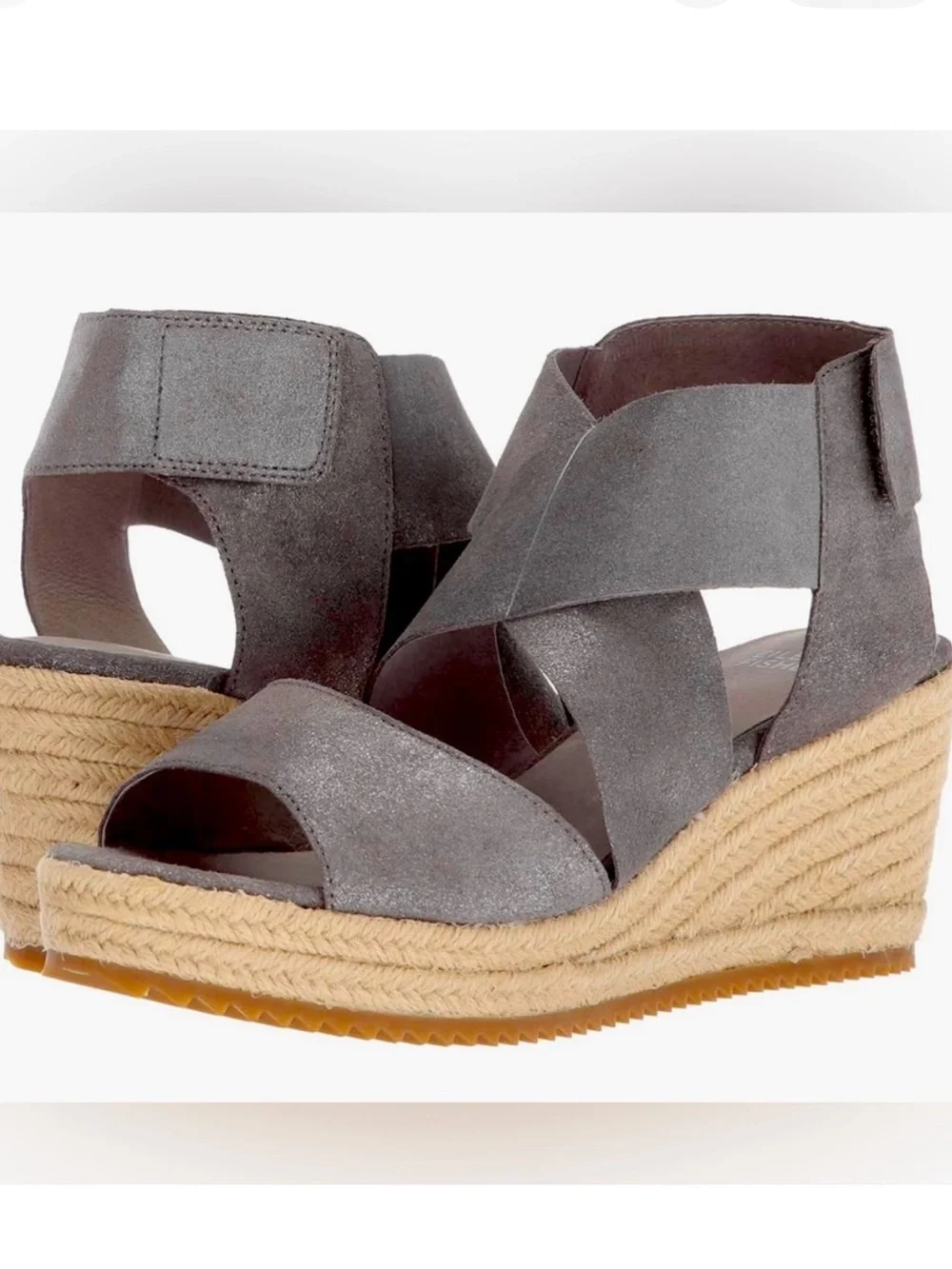 Eileen Fisher Willow Metallic Gray Suede Crisscross Espadrille Wedge NWOT